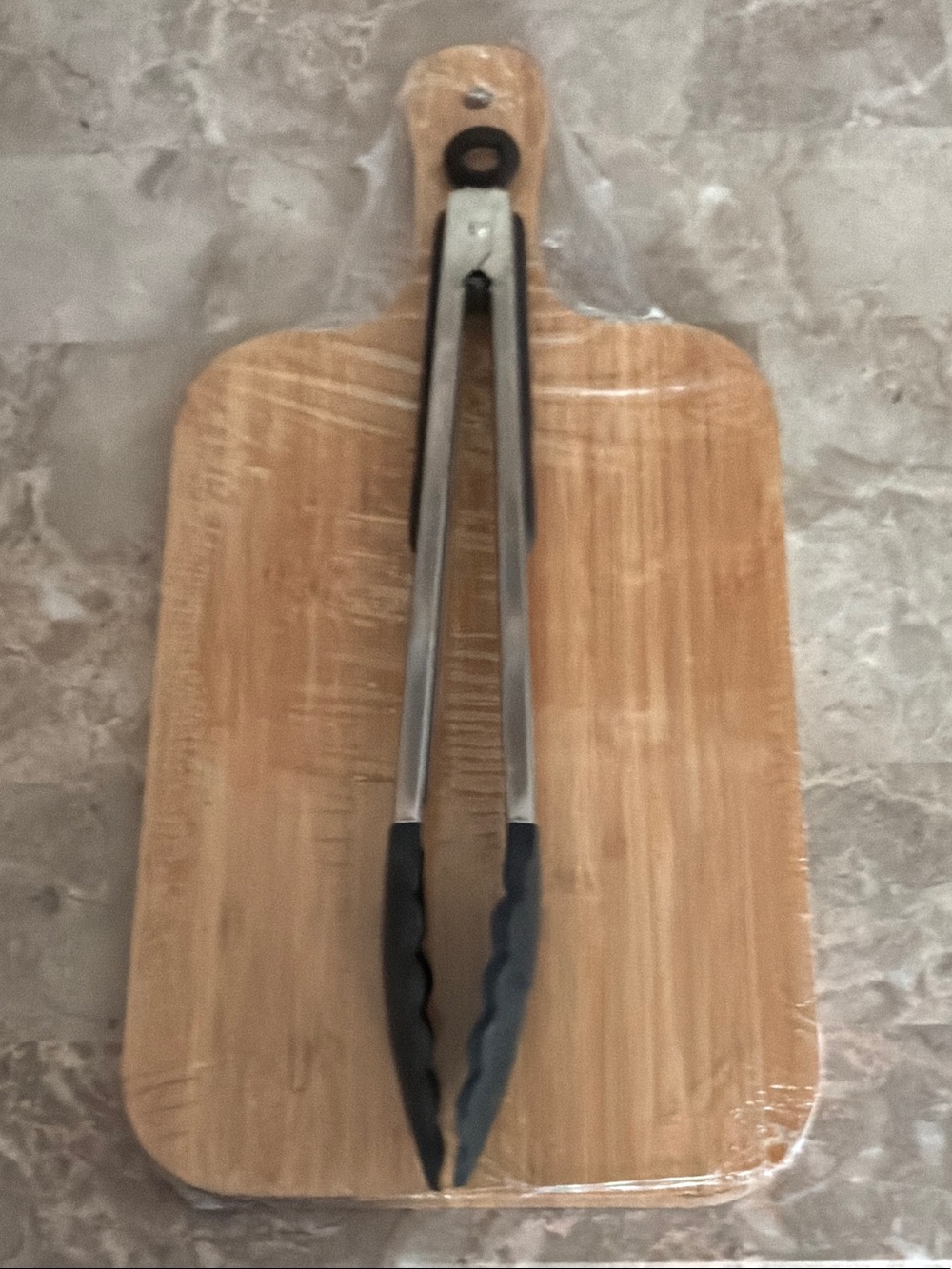 Bamboo Paddle Cutting Board with Black Silicone-Tipped Tongs